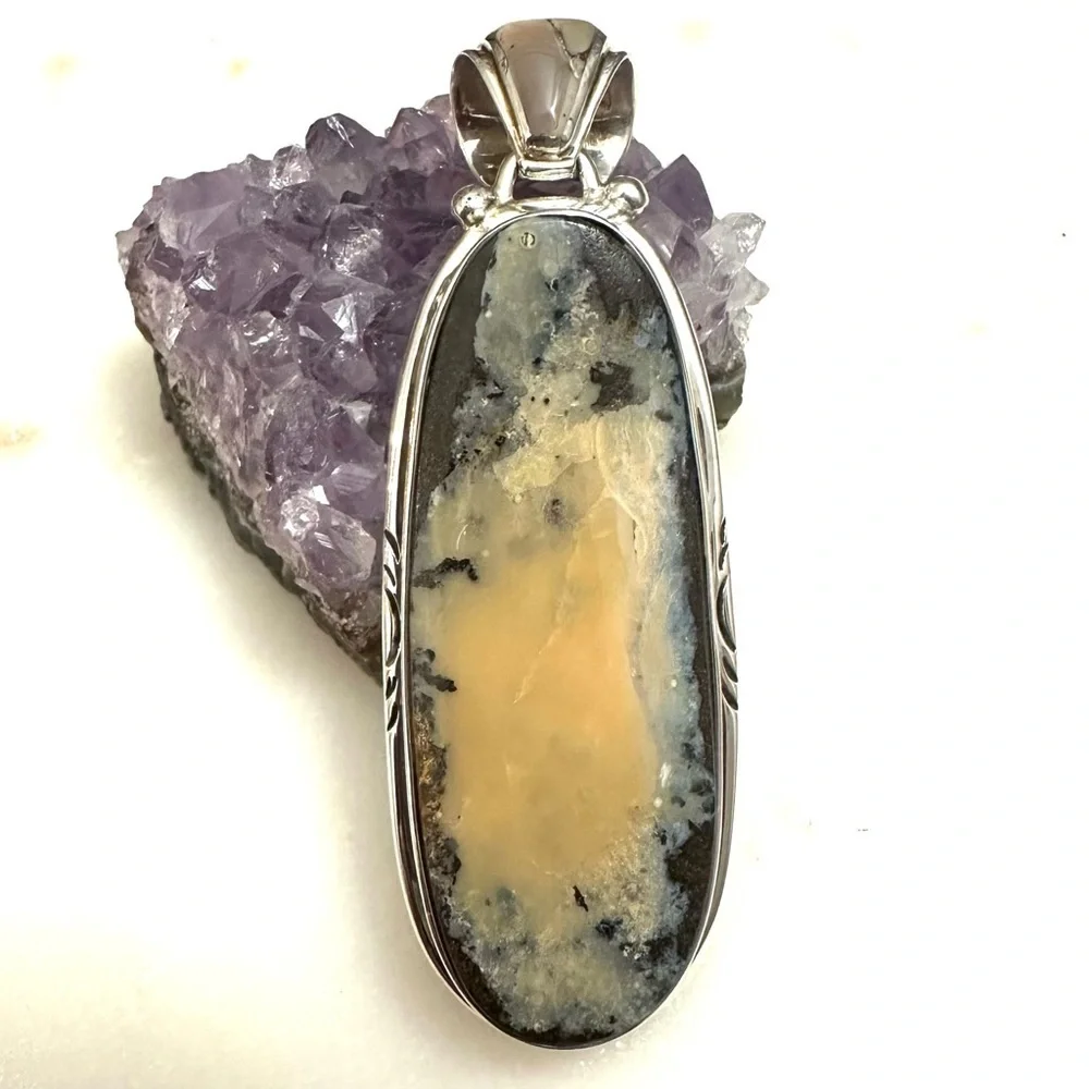 Samson Sam Kee Native American Navajo Honey Moss Agate Sterling Silver Pendant